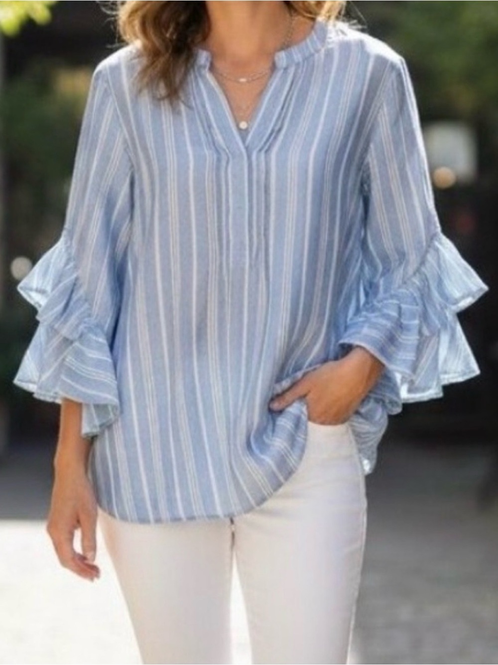 Vince Camuto Stripe Ruffle Sleeve Blouse - Dusty Blue - Medium